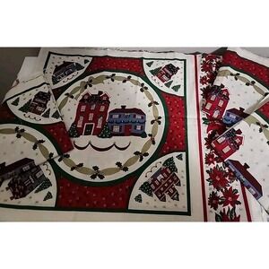 4 Weilwood Christmas Fabric Panel Poinsettias Houses Village Lot Vtg Pillow